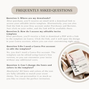 May include: A frequently asked questions page for an Etsy shop selling printable invitations. The page includes information about downloading, editing, and customizing the invitations. The image also shows a sample invitation with a pink watercolor background and the text "sixteen" in black script.
