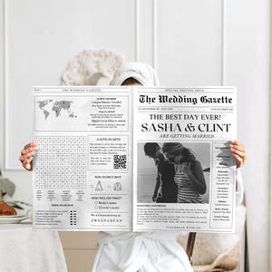 May include: A newspaper-style wedding announcement titled "The Wedding Gazette" with the headline "The Best Day Ever! Sasha & Clint Are Getting Married." The announcement includes a photo, guest awards, and a word search.