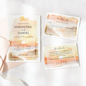 Strand-Sonnenuntergang-Hochzeits-Einladungs-Vorlage Sonnenuntergangs-Hochzeit einladen Bearbeitbare Strand-Hochzeits-Einladung Sommerhochzeit laden ein