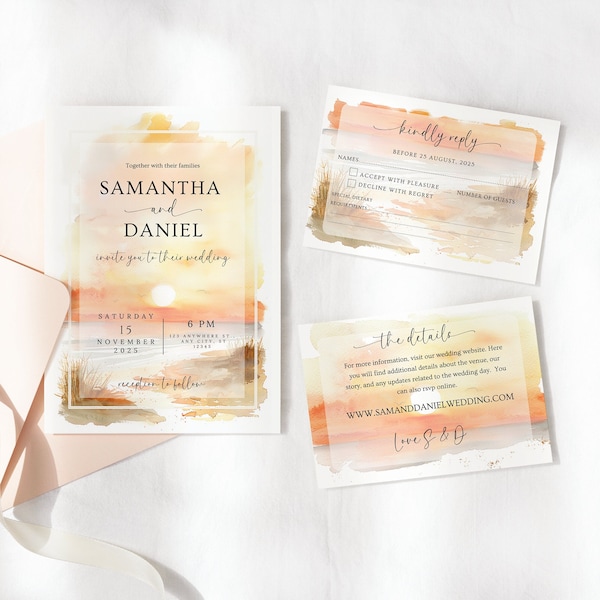 Beach Sunset Wedding Invitation Template Sunset Wedding Invite Editable Beach Wedding Invitation Summer Wedding Invite