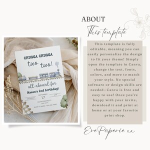 May include: A birthday invitation template with a train theme. The invitation reads "Chugga Chugga two two! All aboard for Mason's 2nd birthday!" Includes details for the event. The template is fully editable in Canva.