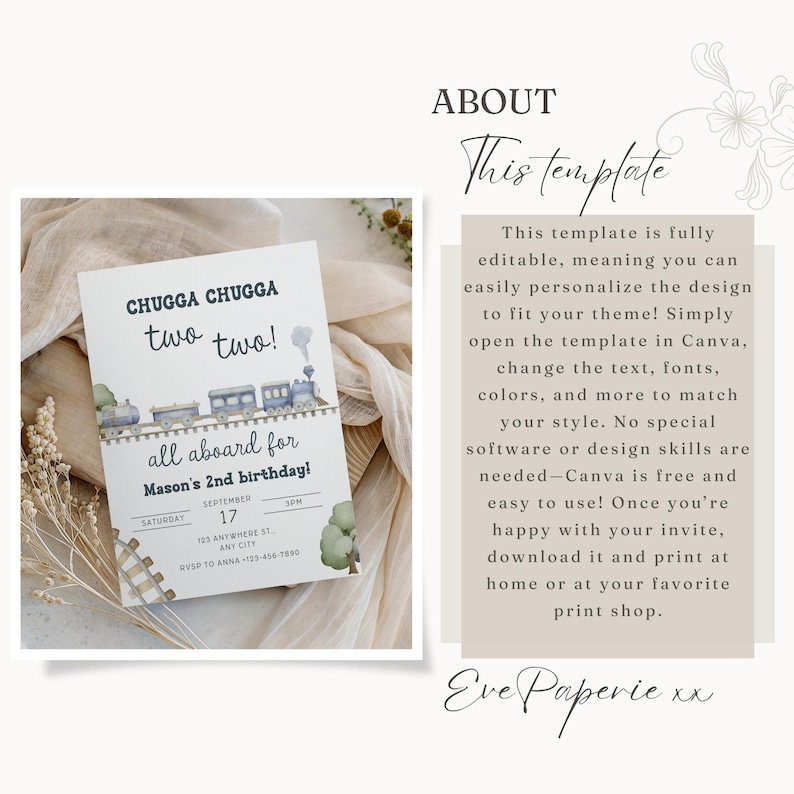 May include: A birthday invitation template with a train theme. The invitation reads "Chugga Chugga two two! All aboard for Mason's 2nd birthday!" Includes details for the event. The template is fully editable in Canva.