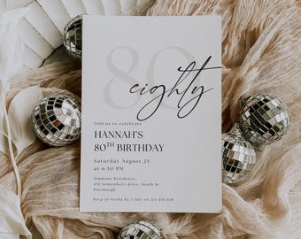 80th Birthday Invitation Minimal Modern Party Invite 80th Birthday Invite Canva Template Printable Digital Evite Milestone Instant Download