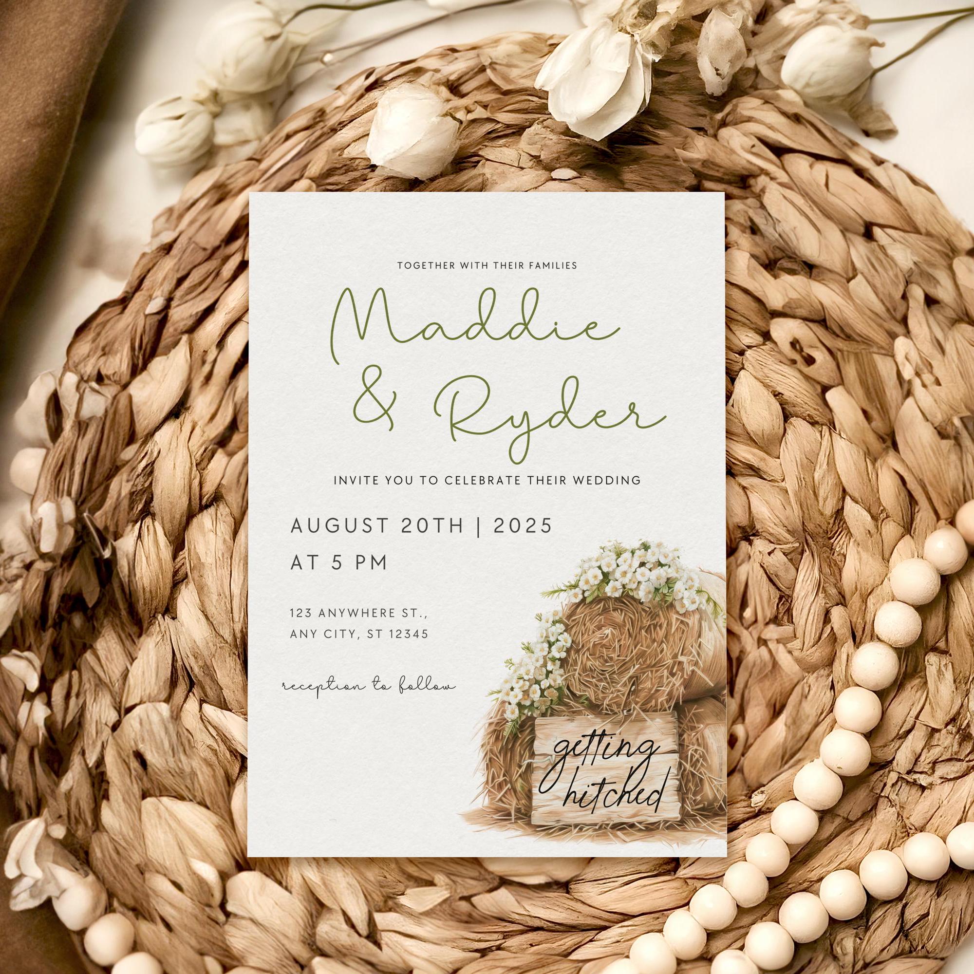 Country Wedding Invitation Getting Hitched Farm Wedding Invitation Hay
