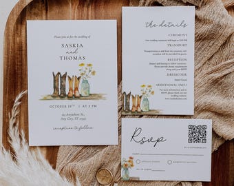 Editable Western Wedding Invitation Set Cowboy Boots Country Rustic Wedding Template Printable Canva RSVP