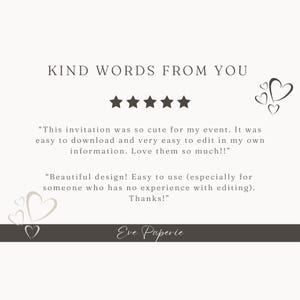 May include: A cream-colored graphic with the text "KIND WORDS FROM YOU" above five black stars. Below, customer testimonials praise the design and ease of use. The Eve Paperie logo is at the bottom.