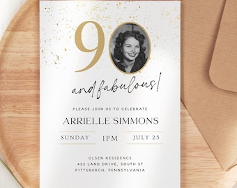 90th Birthday Invitation Template, Photo Invite (Canva Template)