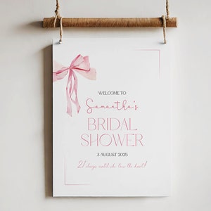 Shes Tying the Knot Bridal Shower Pink Bow Bridal Shower Sign Coquette Signage Bridal Shower Welcome Sign Editable Sign Bachelorette Sign