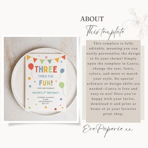3rd Birthday Invite Three Times the Fun Third Birthday Invitation Digital Template image 2