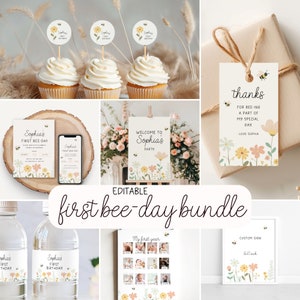 Baby Girl First Birthday 1st Bday Baby First Birthday Party Editable Bee Party Baby Bee Party Bundle Editable Party Bundle Download