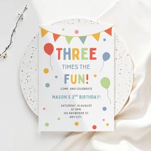 3rd Birthday Invite Three Times the Fun Third Birthday Invitation Digital Template image 4