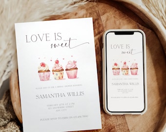 Love Is Sweet Bridal Shower Invitation, Editable Canva Template