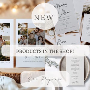 May include: A collection of new products for sale in an online shop. The products include a wedding invitation suite, a family photo card, a menu card, and a personalized card. The products are all in a neutral color palette with a modern and minimalist design.