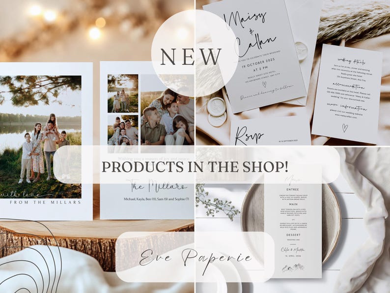 May include: A collection of new products for sale in an online shop. The products include a wedding invitation suite, a family photo card, a menu card, and a personalized card. The products are all in a neutral color palette with a modern and minimalist design.