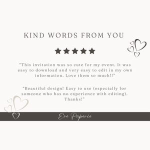 May include: Five star review for an invitation template. The review states "This invitation was so cute for my event. It was easy to download and very easy to edit in my own information. Love them so much!!" and "Beautiful design! Easy to use (especially for someone who has no experience with editing). Thanks!" The review is signed "Eve Paperie."