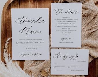Modern Black and White Wedding Invitation Suite (Canva Template)