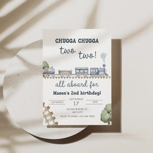 May include: A light-colored invitation card with a watercolor train illustration. The text reads "CHUGGA CHUGGA two two! all aboard for Mason's 2nd birthday!" with date, time, and RSVP information. The train is blue and gray.