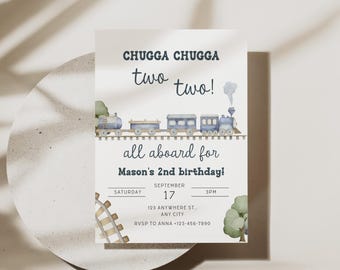 Convite de Aniversário Chugga Chugga Dois Dois - Segundo Aniversário - Modelo de Convite de Aniversário com Trem