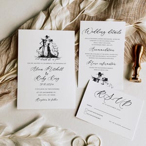 Halloween-Hochzeitseinladungsvorlage Halloween-Hochzeitsreihe Skelette Gotische Hochzeitseinladung Canva Bearbeitbar bis der Tod uns scheidet