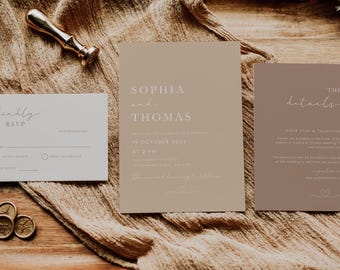 May include: A wedding invitation suite with a minimalist design. The main invitation card is beige with white text that reads "Sophia and Thomas" and includes the wedding date and time. The RSVP card is white with a gray border and includes a place to indicate whether the guest will attend. The details card is brown with white text that reads "The details" and includes information about the wedding.