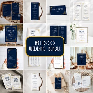 以下が含まれることがあります： ネイビーブルーとゴールドのアールデコ調ウェディングステーショナリーのコレクション。招待状、メニュー、テーブルカード、サンキューカードが含まれています。「Art Deco Wedding Bundle」のテキストが表示されています。