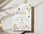Bee First Birthday Invitation, Girl 1st Birthday Invite (Canva Template)