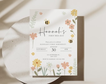 Bee First Birthday Invitation, Girl 1st Birthday Invite (Canva Template)