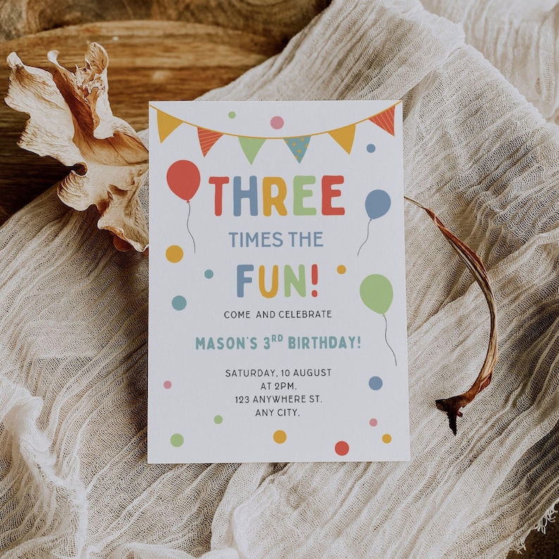 3rd Birthday Invite Three Times the Fun Third Birthday Invitation Digital Template image 6