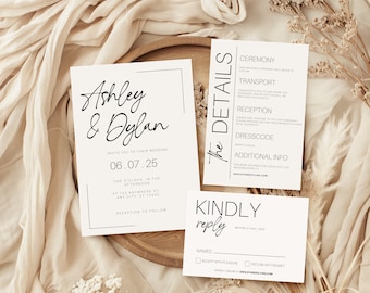 Modern Black and White Wedding Invitation Suite (Canva Editable)