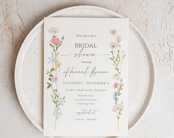 Modèle modifiable d'invitation de douche nuptiale de fleurs sauvages Invitation de douche nuptiale florale imprimable modèle de toile de douche nuptiale de jardin