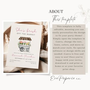 Peut inclure: Une illustration aquarelle d'un chariot floral avec le texte "She's fresh off the market" sur un fond rose clair. Le texte "Join us for a bridal shower celebrating Hannah Martin September 27 at 3 PM" est sous le chariot. Le texte "123 Anywhere Street, Any City" est sous la date et l'heure. Le texte "RSVP to Alaina by 9/123 456 478" est sous l'adresse.
