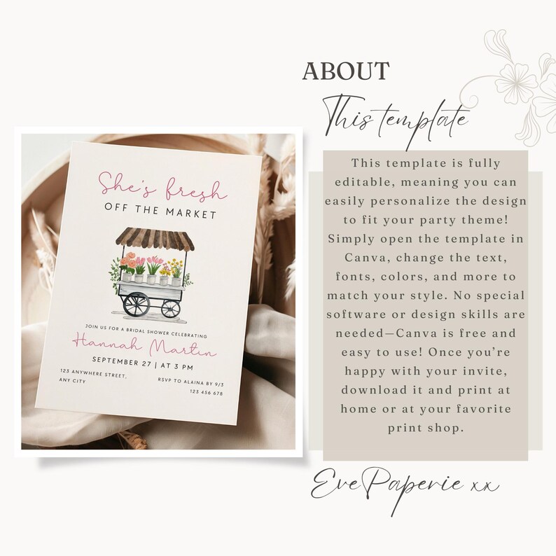 Peut inclure: Une illustration aquarelle d'un chariot floral avec le texte "She's fresh off the market" sur un fond rose clair. Le texte "Join us for a bridal shower celebrating Hannah Martin September 27 at 3 PM" est sous le chariot. Le texte "123 Anywhere Street, Any City" est sous la date et l'heure. Le texte "RSVP to Alaina by 9/123 456 478" est sous l'adresse.