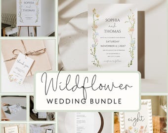 May include: A collection of wedding stationery items with a wildflower theme. Includes invitations, a welcome sign, thank you tags, and a table number. The text "Wildflower WEDDING BUNDLE" is displayed in a cursive font.