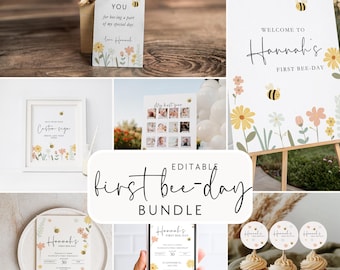 Babyflicka första födelsedag 1:a bi-dagen-paket redigerbar mall humla honungsbi