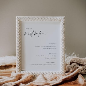 Love at First Bite Dessert Table Sign Minimalist Black and White Sweets Table Template Wedding Signage Elegant Script Inch ALEK