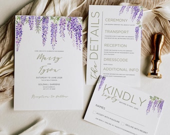 May include: Wedding invitation with a purple wisteria floral design. The invitation includes the names Marsy and Tyson, the date Saturday, June 10, 2026, and the location Goldhill Gardens. The RSVP card includes the text "Kindly reply before 01 May, 2023".