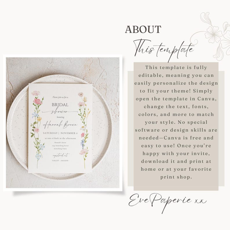 May include: A bridal shower invitation template with floral accents. The invitation features the text "BRIDAL shower" and "Hannah Brown". The template is fully editable in Canva, allowing for personalization of text, fonts, and colors.