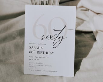 編集可能な60歳の誕生日招待状、ミニマルでモダンなパーティー招待状、Canvaテンプレート、印刷可能なデジタル招待状、マイルストーン、即時ダウンロード