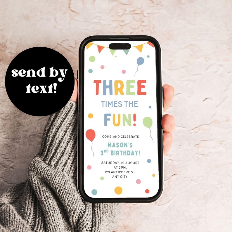 3rd Birthday Invite Three Times the Fun Third Birthday Invitation Digital Template image 7