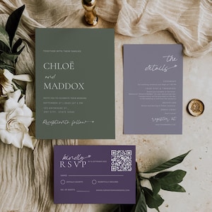 Suite nupcial en lavanda y salvia Suite nupcial en verde salvia y lila Invitaciones editables Tarjeta RSVP Detalles Tarjeta Canva Descargar