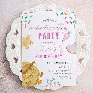 Editable Cookie Decorating Party Invitation Canva Cookie Decorating Invite Birthday Invitation Kids Birthday Invite Pink Download