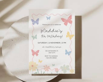 Butterfly Birthday Invitation Template, Editable Canva Invite (Digital Download)