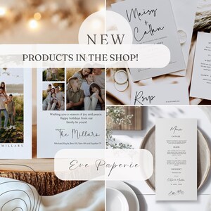 May include: A collage of images showcasing new products available in a shop. The images include a family holiday card, a wedding invitation suite, a menu card, and a floral arrangement. The text "NEW PRODUCTS IN THE SHOP!" is displayed in a large font at the top of the collage.