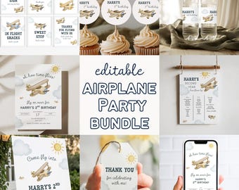 Pacchetto per feste di compleanno con aereo d'epoca, decorazioni per feste con aereo modificabili, cartello di benvenuto per compleanno a tema aereo, tabella delle tappe fondamentali, topper per cupcake