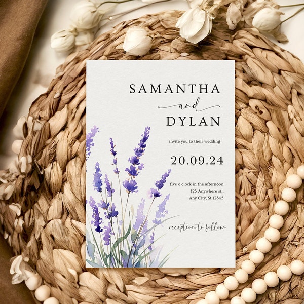 Lavender Wedding Invitation Watercolor Lavender Wedding Invite Purple Wedding Invitation Editable Wedding Invitation Template