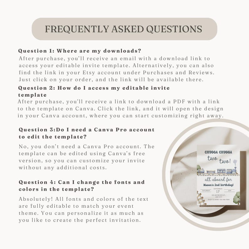May include: A beige and white graphic with the text "FREQUENTLY ASKED QUESTIONS" at the top. The text answers questions about accessing and editing an invitation template. A sample invitation with a train theme is in the lower right corner.