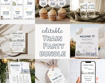 Chugga Chugga Two Two Train Birthday Party Bundle Editable Train Party Decorations Welcome Sign Milestone Chart Cupcake Toppers Canva