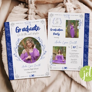 Modèle d'invitation modifiable pour l'obtention du diplôme d'études secondaires, livre d'histoires, diplômé, passage au chapitre suivant, invitation bleue pour l'obtention du diplôme, carte avec photo pour l'obtention du diplôme