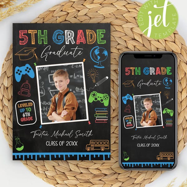 EDITABLE 5th Grade Gamer Graduation Announcement, Graduate Invitation, Chalkboard Invite, Graduation Ceremony, Rainbow, Colorful Printable