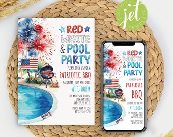 May include: Red, white, and blue pool party invitation with a watercolor illustration of a pool, fireworks, and a grill. The text reads "Red White & Pool Party" and "Please join us for a Patriotic BBQ".